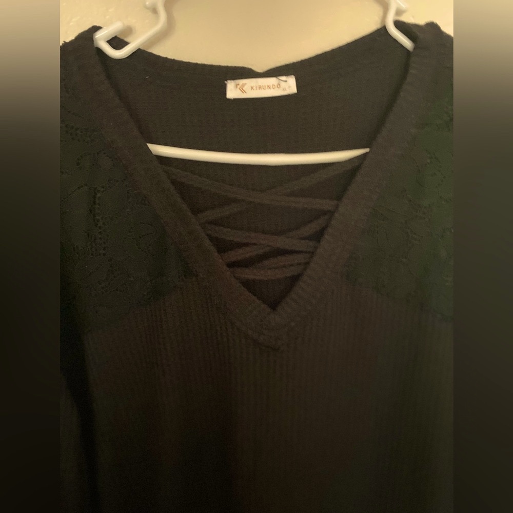 NWT Kirundo lightweight tunic sweater V-neck criss-cross crochet waffle-knit xl - Picture 3 of 10